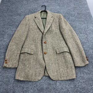Vintage Harris Tweed Blazer Mens 43 Green Wool Herringbone‎ Two Button Academic